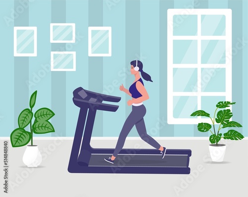 Image of a girl on a treadmill at home Vector illustration.