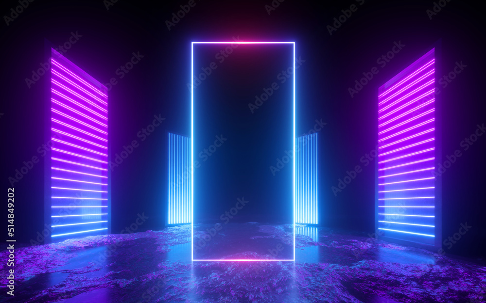 3d render, pink blue neon abstract background with vertical panels glowing in ultraviolet light, futuristic power generating technology. Fantastic wallpaper