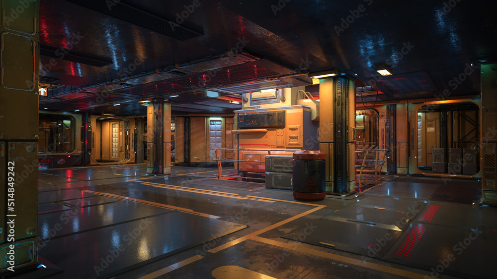 Dark atmospheric science fiction space station or ship interior environment. 3D rendering.