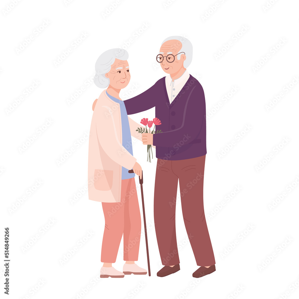 Happy elderly man gives woman bouquet of flowers. Elderly couple are standing next to each other and smiling. Grandpa and Grandma are cheerfully together.Flat vector illustration isolated on white Happy elderly man gives woman bouquet of flowers. Elderly couple are standing next to each other and smiling. Grandpa and Grandma are cheerfully together.Flat vector illustration isolated on white