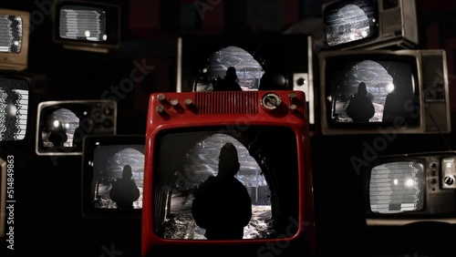 Silhouette of Miners leaving the Coal Mine and Vintage Televisions. 4K Resolution.
