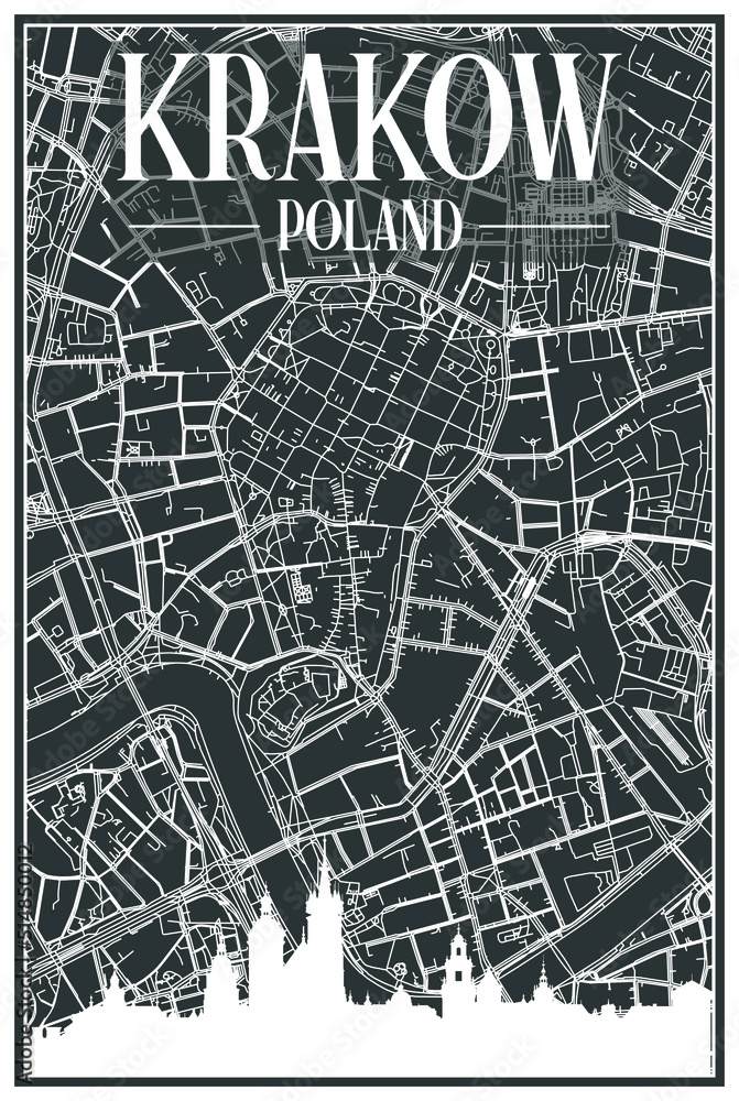 Dark printout city poster with panoramic skyline and hand-drawn streets network on dark gray background of the downtown KRAKOW, POLAND