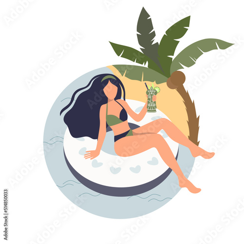 A girl on the beach in the summer on an inflatable circle tastes a cocktail for the weekend. Beautiful swimsuit and lush hair. Vector illustration