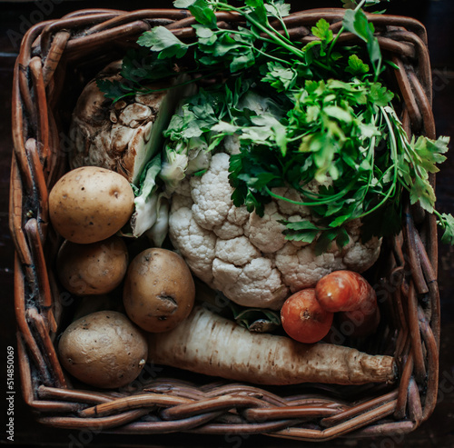vegetables in wicker basket, potatoes, cauliflower, carrots, healthy food, celery, organic food