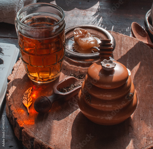 Healthy winter herbal tea with honey, cosy morning