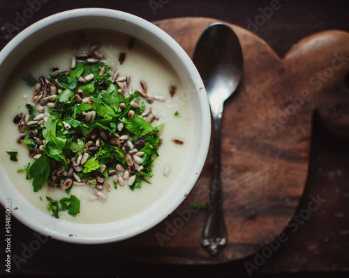 food photography, cauliflower soup, green parsley, healthy vegan diet