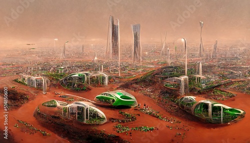 Mars settlement colony and the Terraforming of Mars, conceptual illustration