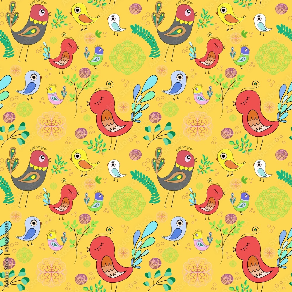 Seamless bright multi-colored pattern of birds in love and flowers on a light background. Design template for wallpaper, fabric or web page. Seamless bright multi-colored pattern of birds in love and flowers on a light background. Design template for wallpaper, fabric or web page.