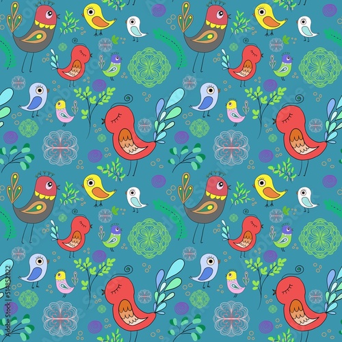 Seamless bright multi-colored pattern of birds in love and flowers on a light background. Design template for wallpaper  fabric or web page.