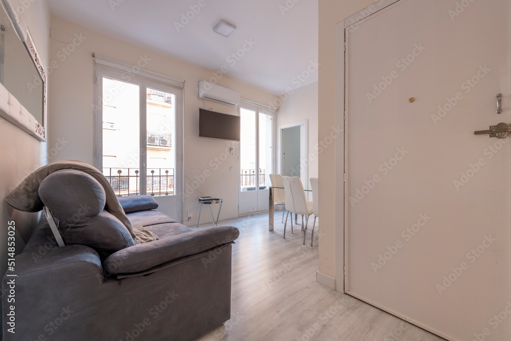 Fototapeta premium Entrance hall and corridor of a house with light wood parquet flooring, large balconies with wooden doors and metal railings and a sofa in the foreground