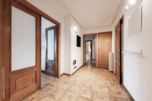 Entrance hall and corridor of a house with worn oak parquet floors, door carpentry of the same material and access to several rooms