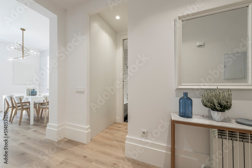 Entrance hall and housing distributor with light wood flooring  white wood carpentry  metal and marble sideboard and mirror and entrance to several rooms