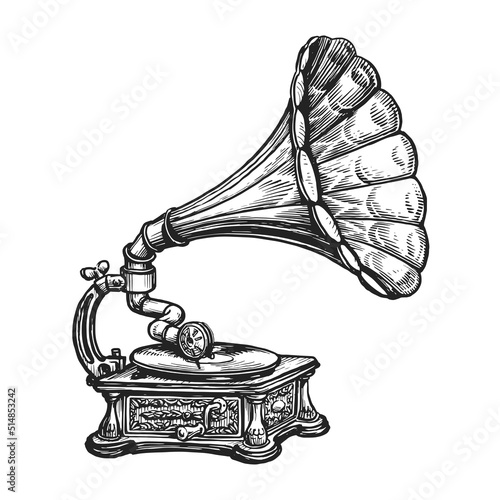 Old retro gramophone with vinyl record. Phonograph, vintage music player. Musical instrument drawn in engraving style