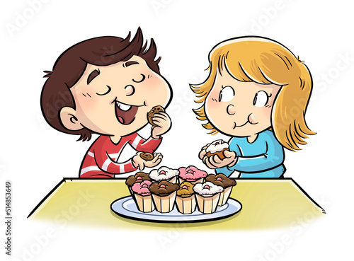 Illustration of children eating sweets at the table © cirodelia