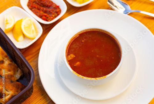 Classic Turkish Okra stew Bamya with beef and okra, tomatoes, onion, garlic and lemon juice