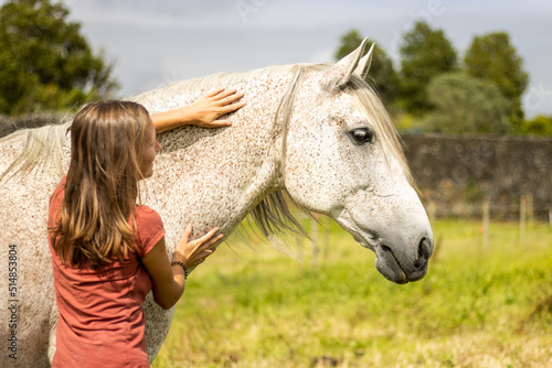 White Lusitano horse, friendship with woman, amazing connection.