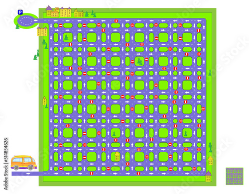 Best labyrinths. Help the bus find the way to the parking. Logic puzzle game. Brain teaser book with maze. Kids activity sheet. Educational page. Play online. IQ test. Vector illustration.