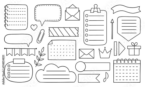 Hand drawn bullet journal doodle. Set of notes, ribbons, frames, stickers for bullet journal, notebook, diary and planner. Vector illustration isolated on white background.