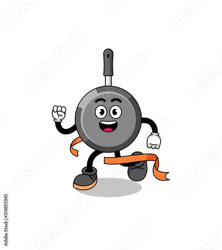 Mascot cartoon of frying pan running on finish line