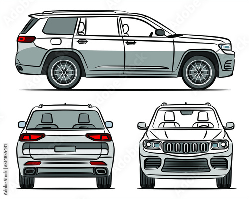 Modern suv car abstract silhouette on white background.  A hand drawn line art of a sedan car. Side, front, rear view of a crossover vehicle isolated on white background.