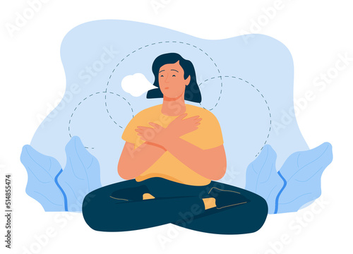 Woman makes Breathing exercise. Girl sits on the floor in pose lotus and makes a exhale.