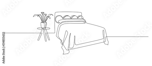 Continuous one line drawing of double bed and table with potted plant. Modern scandinavian interior for cozy decor bedroom in simple linear style. Editable stroke. Doodle vector illustration