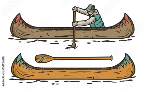 Wooden boat on the river. Kayak or canoe with paddle. Nature adventure outdoor adventure design