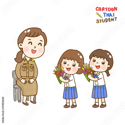 Cartoon Cute Thai Students Character.