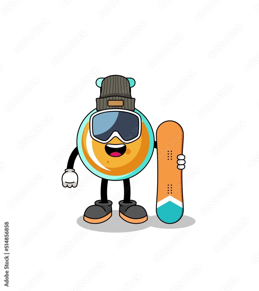 Mascot cartoon of lab beakers snowboard player