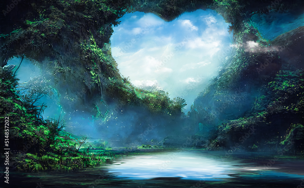 Illustrazione Stock Fantasy forest landscape, neon sunset, love island,  clouds, fabulous mystical forest for lovers. Cave in the shape of a heart.  3d illustration. | Adobe Stock