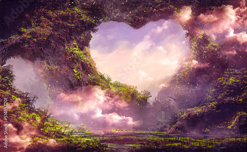 Fantasy forest landscape, neon sunset, love island, clouds, fabulous mystical forest for lovers. Cave in the shape of a heart. 3d illustration. photo