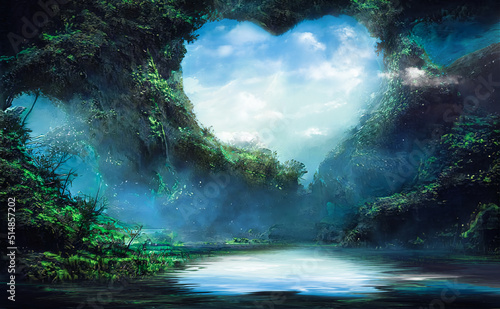 Fantasy forest landscape, neon sunset, love island, clouds, fabulous mystical forest for lovers. Cave in the shape of a heart. 3d illustration. © MiaStendal