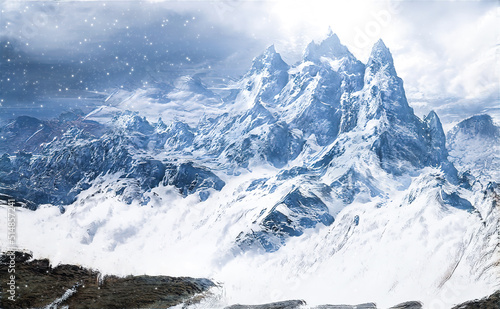 Snowy mountain landscape. Winter slopes of mountains. Gloomy clouds over snowy mountains. Winter mountain gorge, ice, snow, fog, cold. 3D illustration