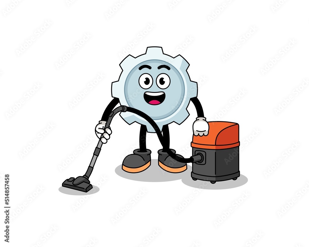 Character mascot of gear holding vacuum cleaner