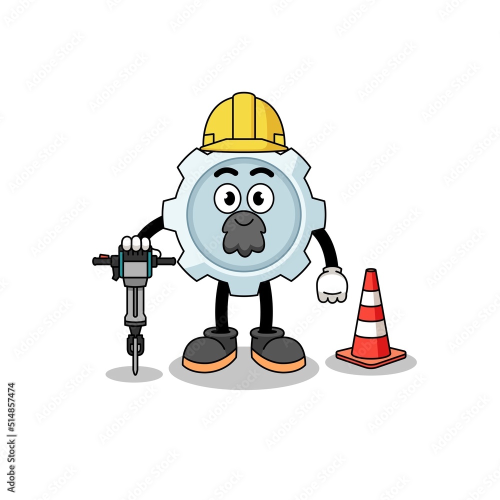 Character cartoon of gear working on road construction Character cartoon of gear working on road construction