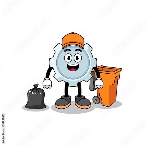 Illustration of gear cartoon as a garbage collector