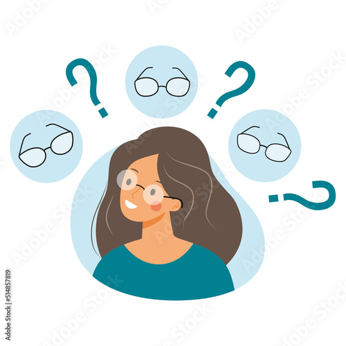 Woman chooses glasses to buy. Girl with poor eyesight. Health problems. Vector illustration for medical banner.