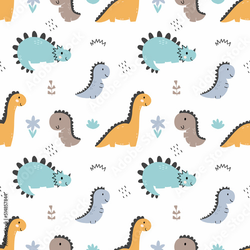 Cute seamless dino pattern. Endless wallpaper in nursery. Printing on fabric and wrapping paper. Illustration for baby.