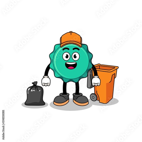 Illustration of bottle cap cartoon as a garbage collector
