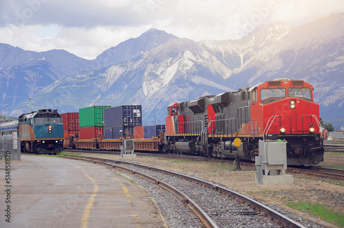Passenger and freight container train in Jasper. Alberta.