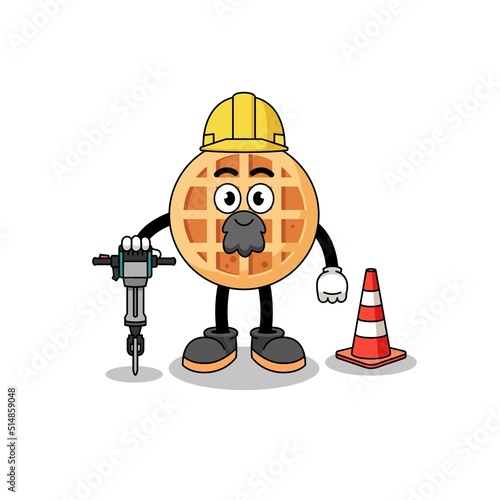 Character cartoon of circle waffle working on road construction