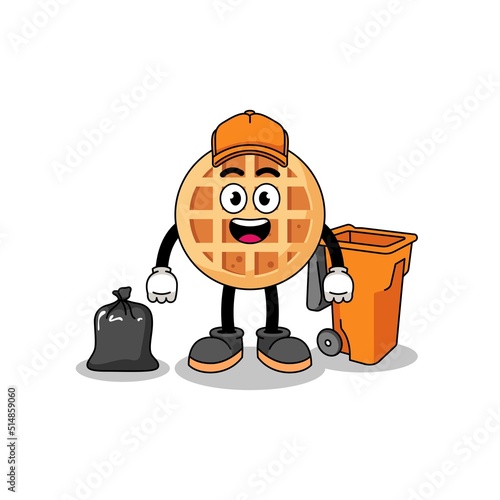 Illustration of circle waffle cartoon as a garbage collector