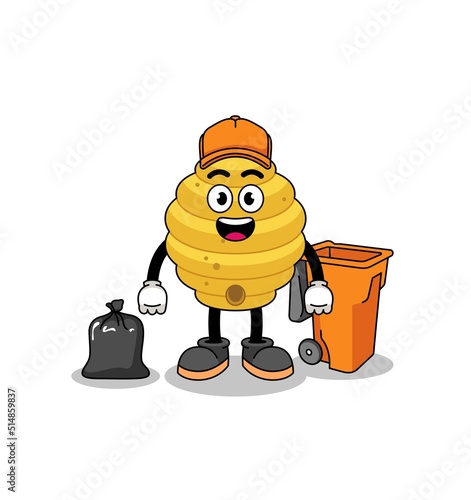 Illustration of bee hive cartoon as a garbage collector