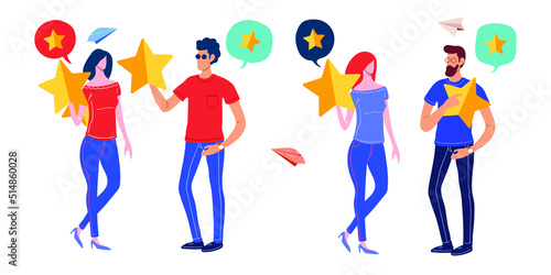 Customer reviews rating, Different people give a review rating and feedback, Support for business satisfaction. Vector illustration.