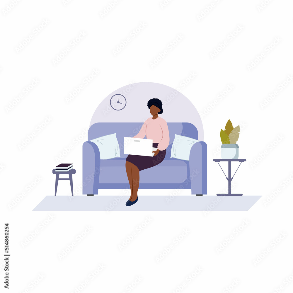 An African-American woman is sitting on the couch typing on a computer. A black girl works at home on a laptop. The concept of freelancing, working at home, and online learning. Vector flat