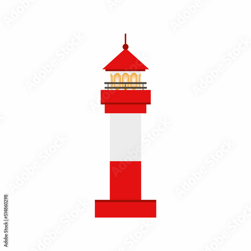 Beautiful red lighthouse. Children's cartoon vector illustration. The icon of the lighthouse. Design of children's books, postcards, posters, decor elements.