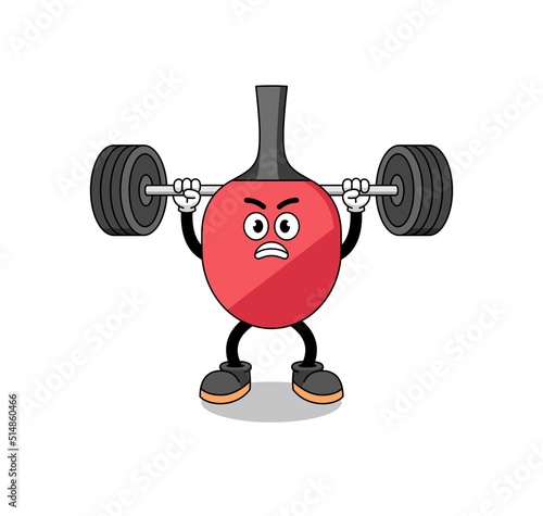table tennis racket mascot cartoon lifting a barbell