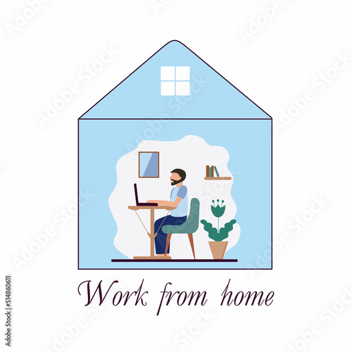 A man with a beard is sitting at home in home clothes and working on a laptop. Stylized vector illustration. The concept of freelancing, online training. Quarantine and self-isolation.