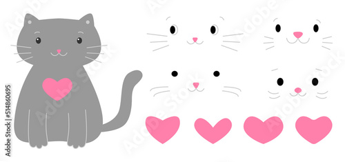 Cute gray cat with a pink hearts set. A collection of different muzzles set for a kitten. Childrens picture isolated on white background. Little pet kit faces with a mustache. Vector illustration