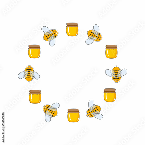 Round vector frame of bees and honey. Logo design for farms, apiaries, and beekeeping. Festival of honey and bee products. Vector cartoon illustration.